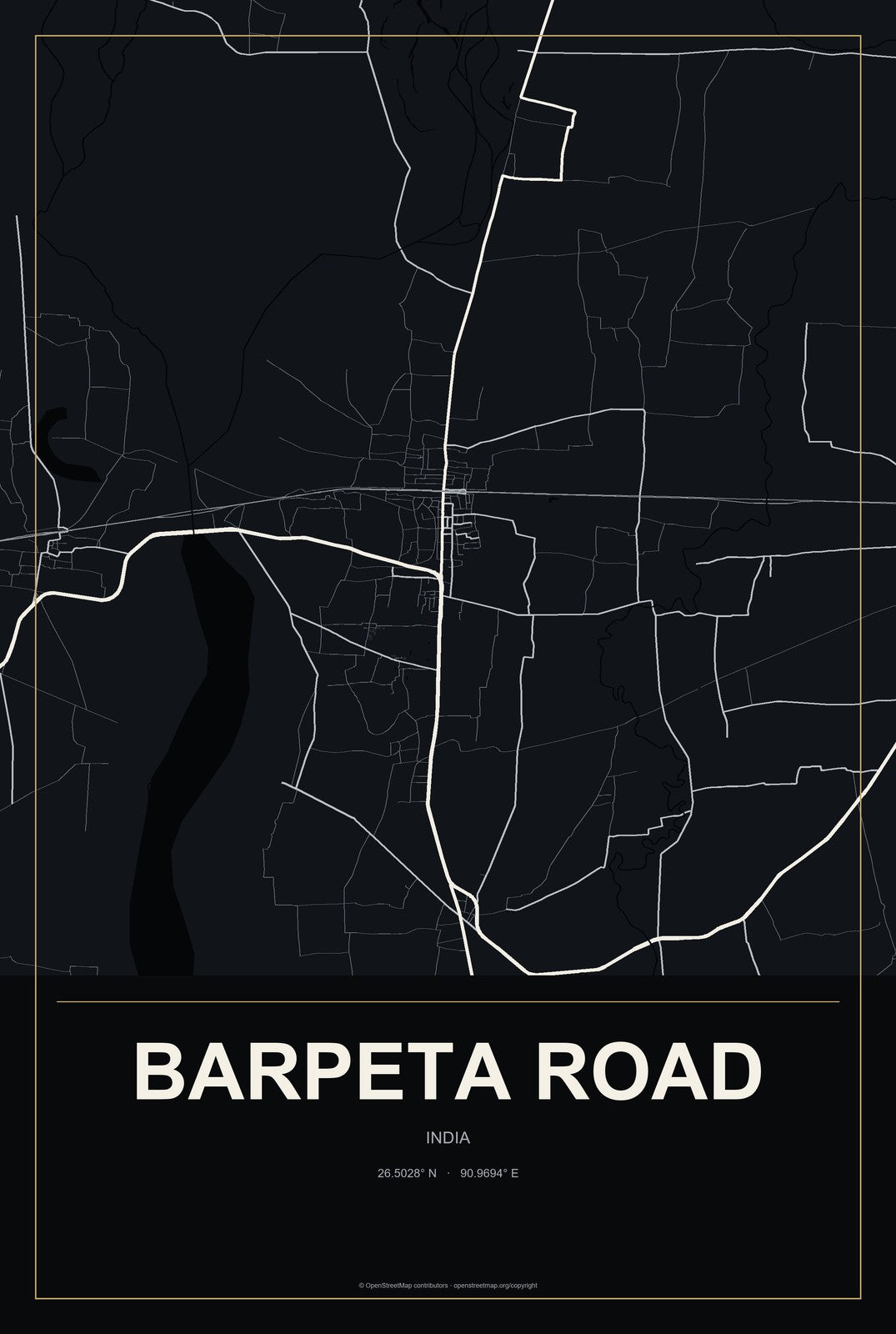 Barpeta Road, India City Map Aluminum Sign in Metropolitan Noir style