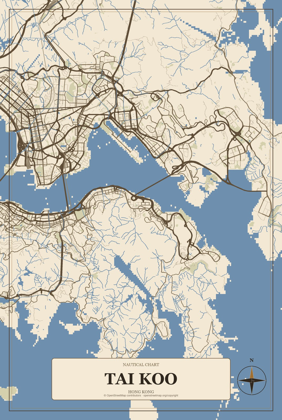 Tai Koo, Hong Kong City Map Aluminum Sign in Heritage Nautical style