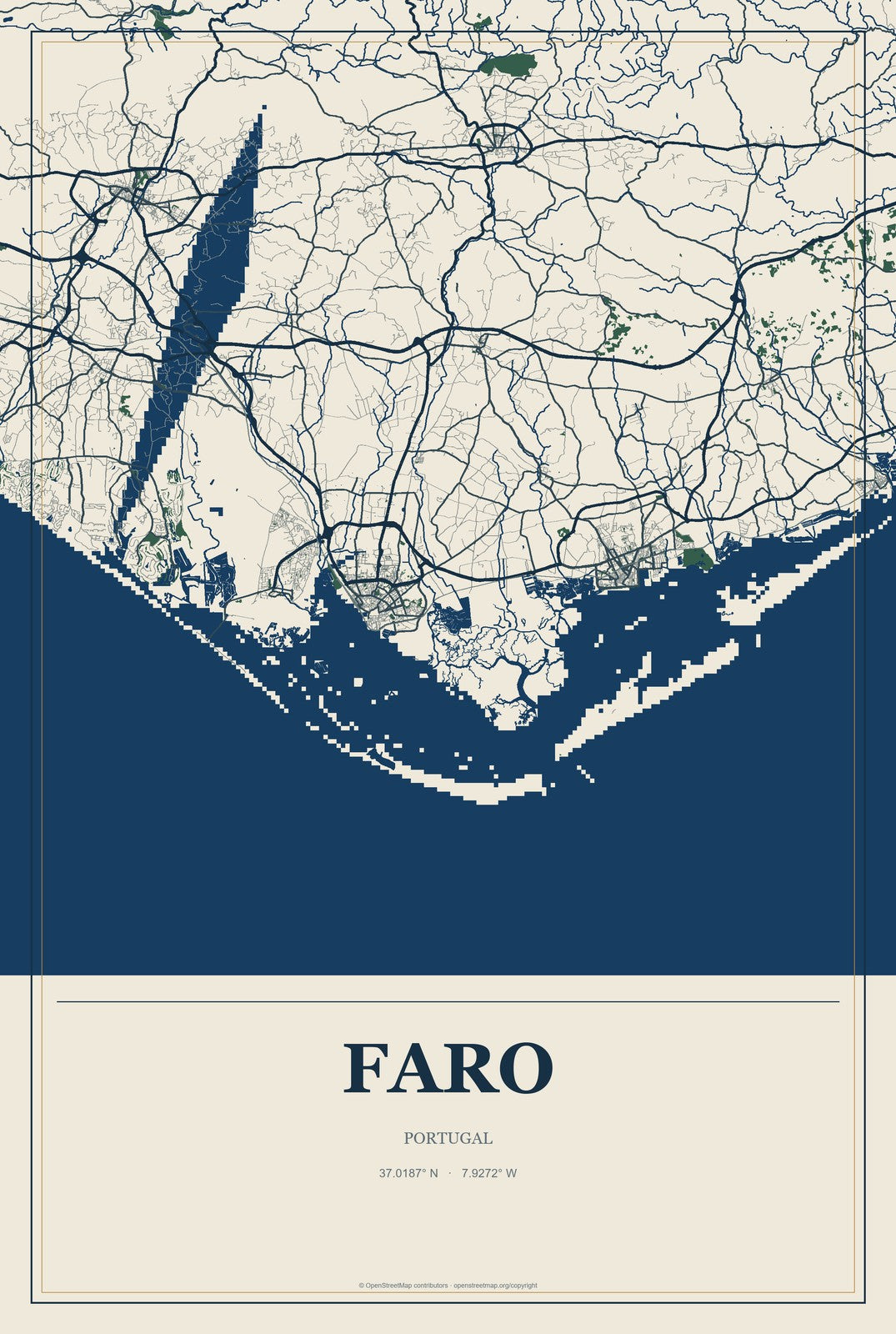 Faro, Portugal City Map Aluminum Sign in Coastal Cutout style