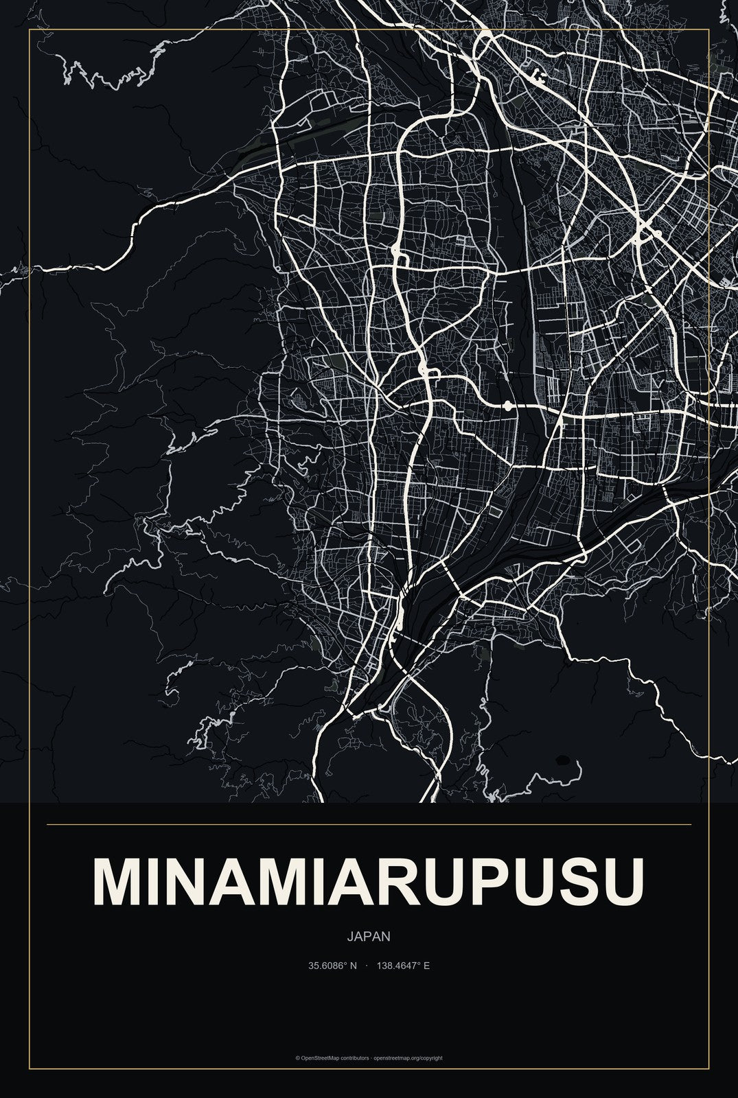 Minamiarupusu, Japan City Map Aluminum Sign in Metropolitan Noir style