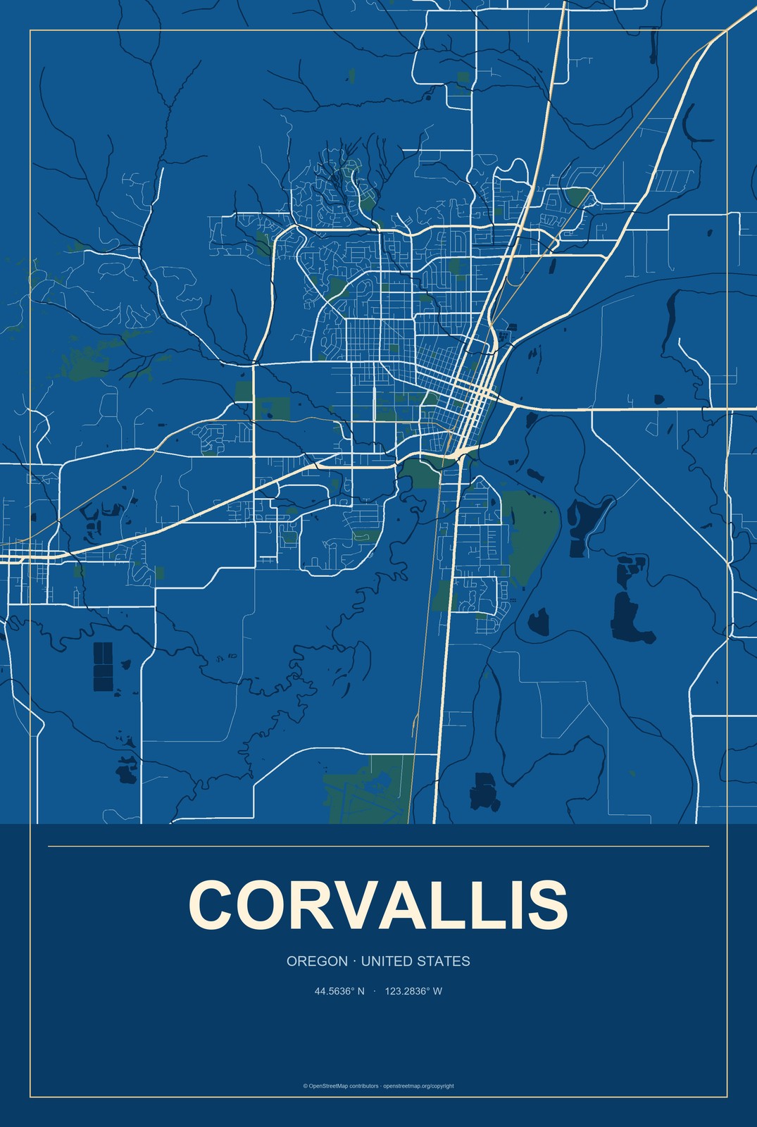 Corvallis, Oregon City Map Aluminum Sign in Harbor Cobalt style