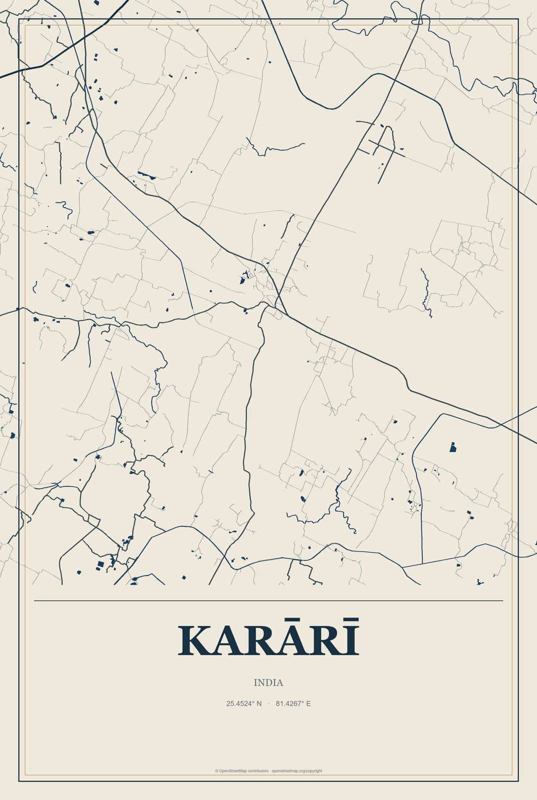 Karārī, India City Map Aluminum Sign in Coastal Cutout style