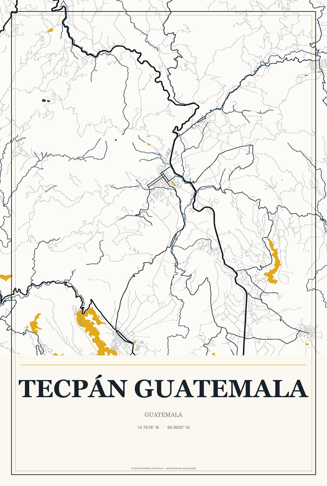Tecpán Guatemala, Guatemala City Map Aluminum Sign in Citrine Modern style