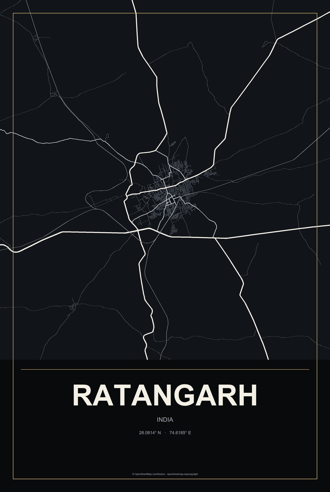 Ratangarh, India City Map Aluminum Sign in Metropolitan Noir style