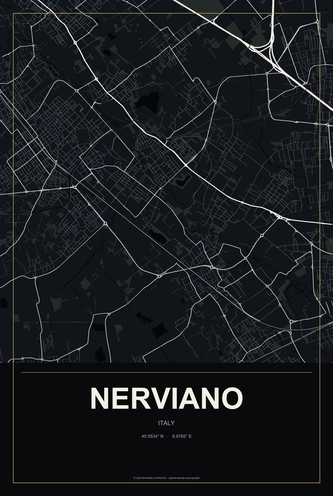 Nerviano, Italy City Map Aluminum Sign in Metropolitan Noir style