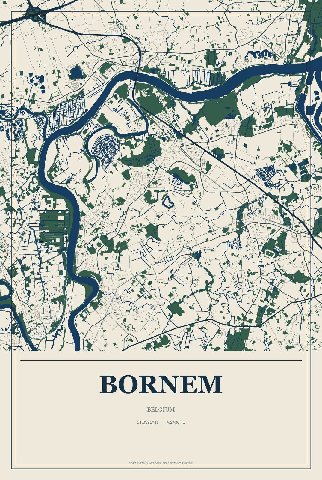 Bornem, Belgium City Map Aluminum Sign in Coastal Cutout style