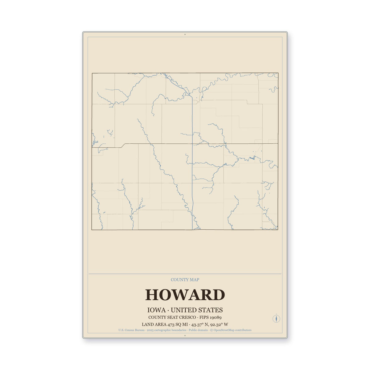 Howard County, Iowa Map Aluminum Sign in Heritage Nautical style