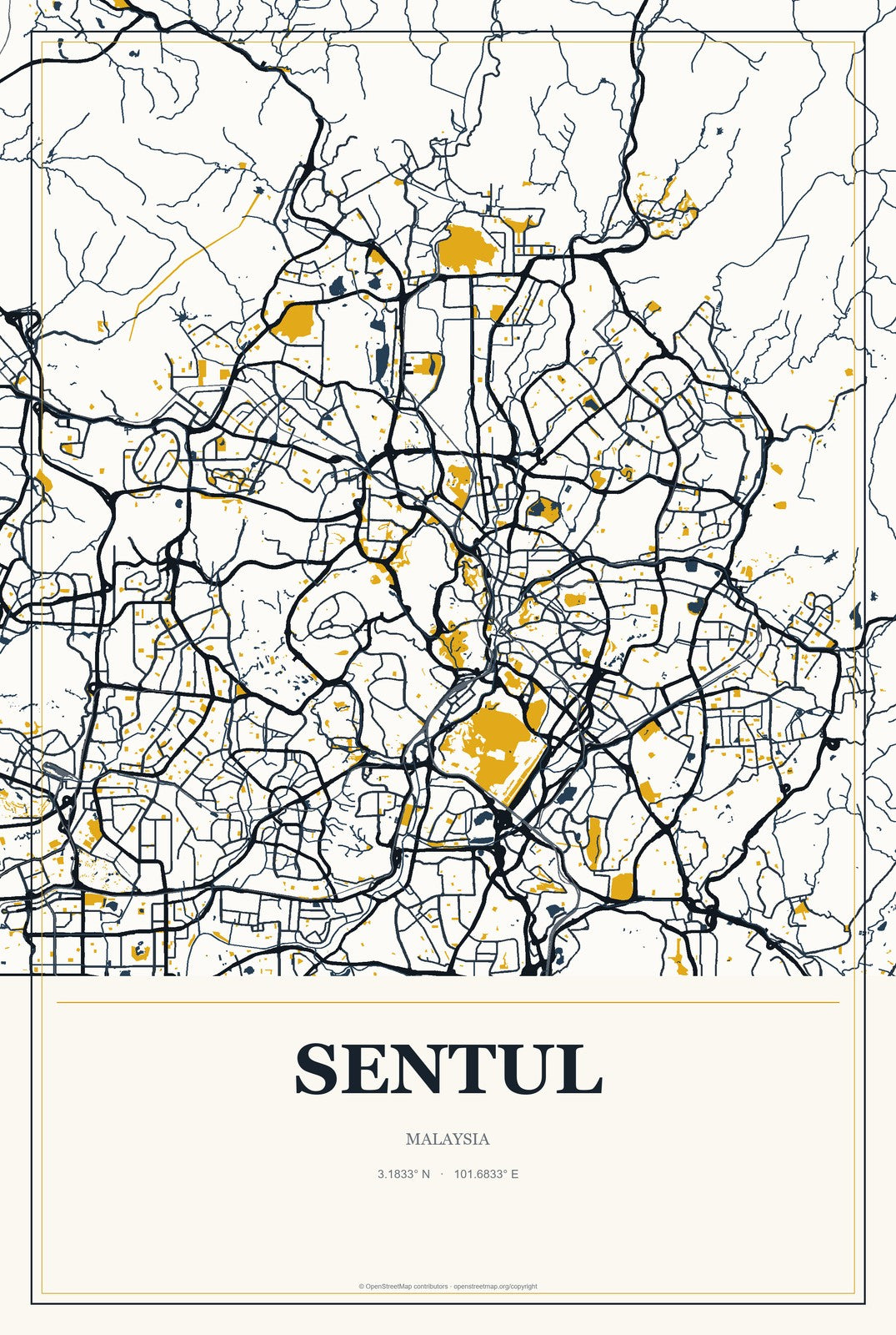 Sentul, Malaysia City Map Aluminum Sign in Citrine Modern style