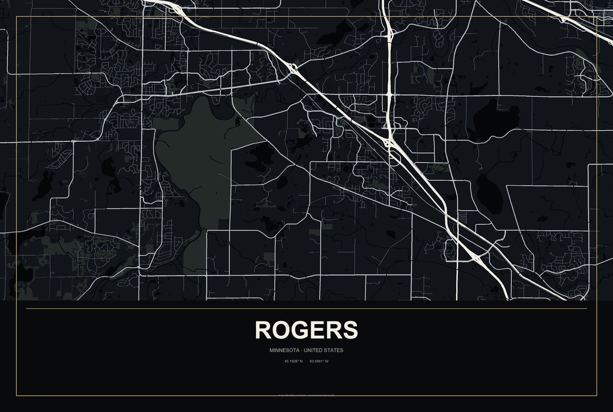 Rogers, Minnesota City Map Aluminum Sign in Metropolitan Noir style