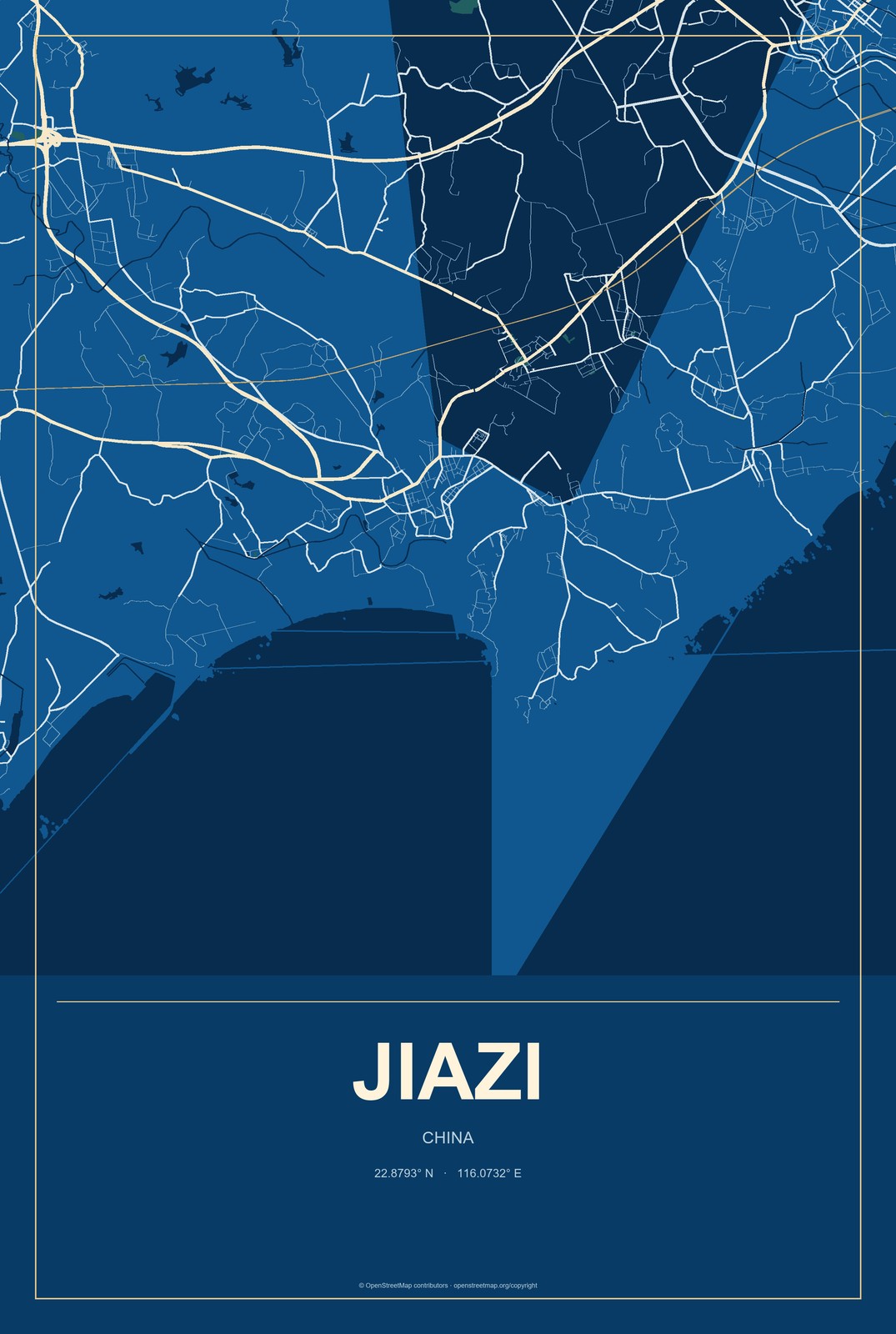 Jiazi, China City Map Aluminum Sign in Harbor Cobalt style