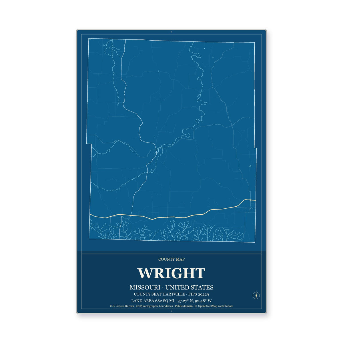 Wright County, Missouri Map Aluminum Sign in Harbor Cobalt style