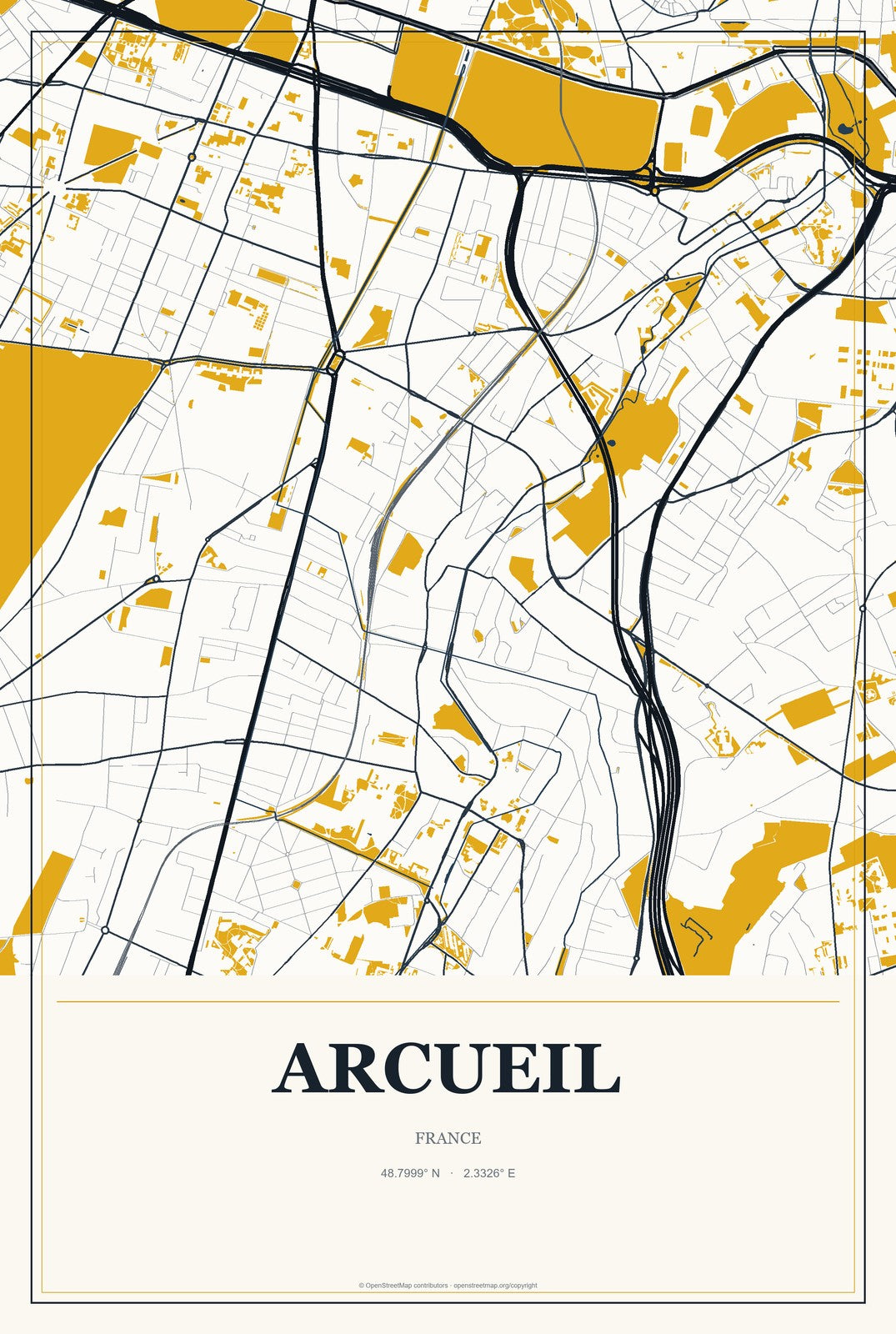 Arcueil, France City Map Aluminum Sign in Citrine Modern style