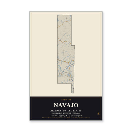 Navajo County, Arizona Map Aluminum Sign in Museum Plaque style