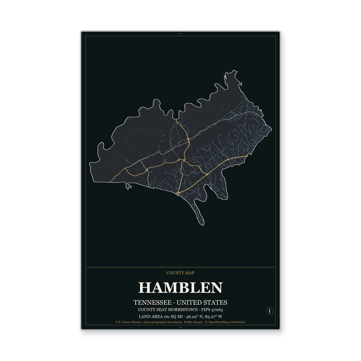 Hamblen County, Tennessee Map Aluminum Sign in Metropolitan Noir style