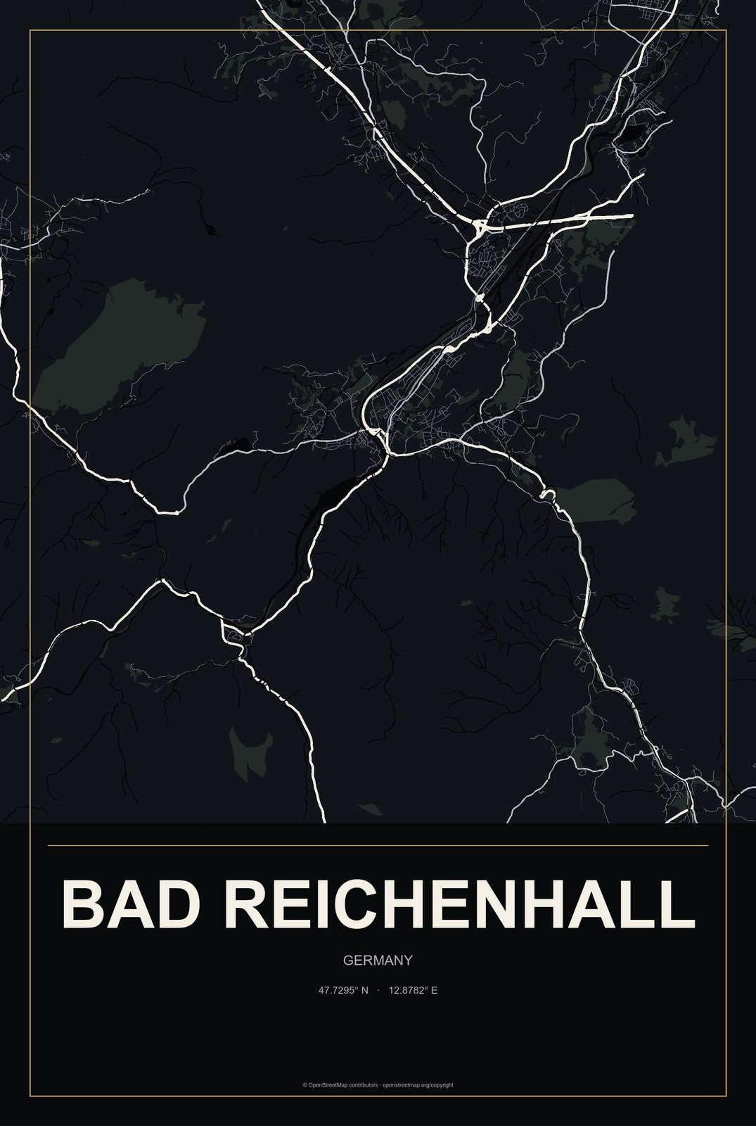 Bad Reichenhall, Germany City Map Aluminum Sign in Metropolitan Noir style