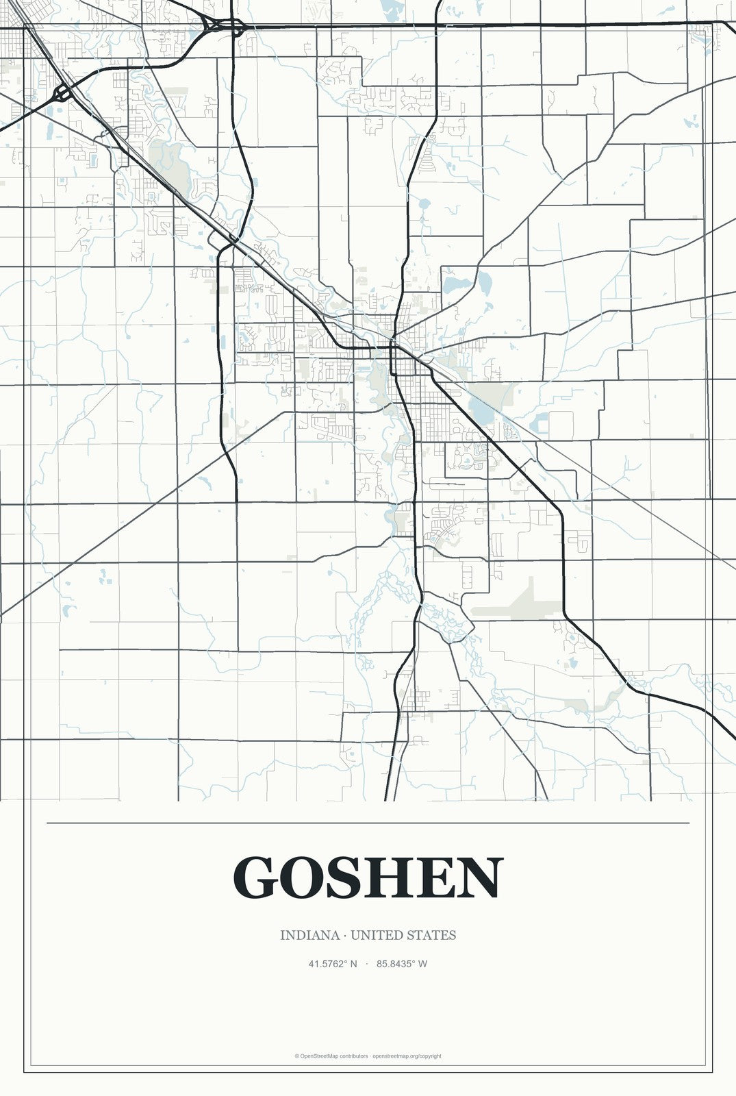Goshen, Indiana City Map Aluminum Sign in Gallery Air style