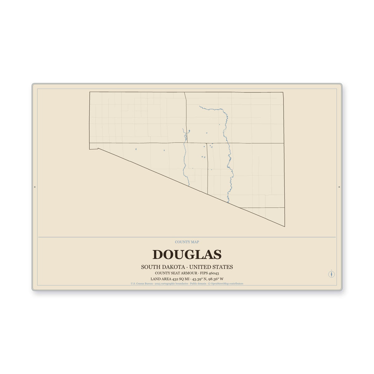 Douglas County, South Dakota Map Aluminum Sign in Heritage Nautical style