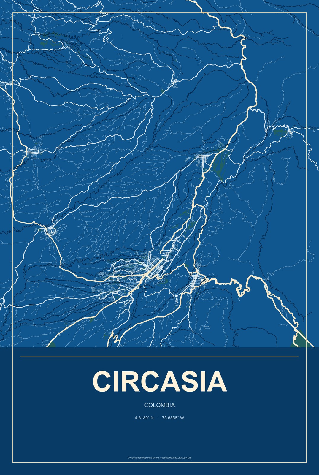 Circasia, Colombia City Map Aluminum Sign in Harbor Cobalt style