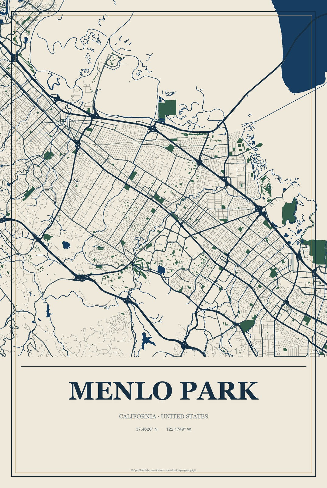 Menlo Park, California City Map Aluminum Sign in Coastal Cutout style