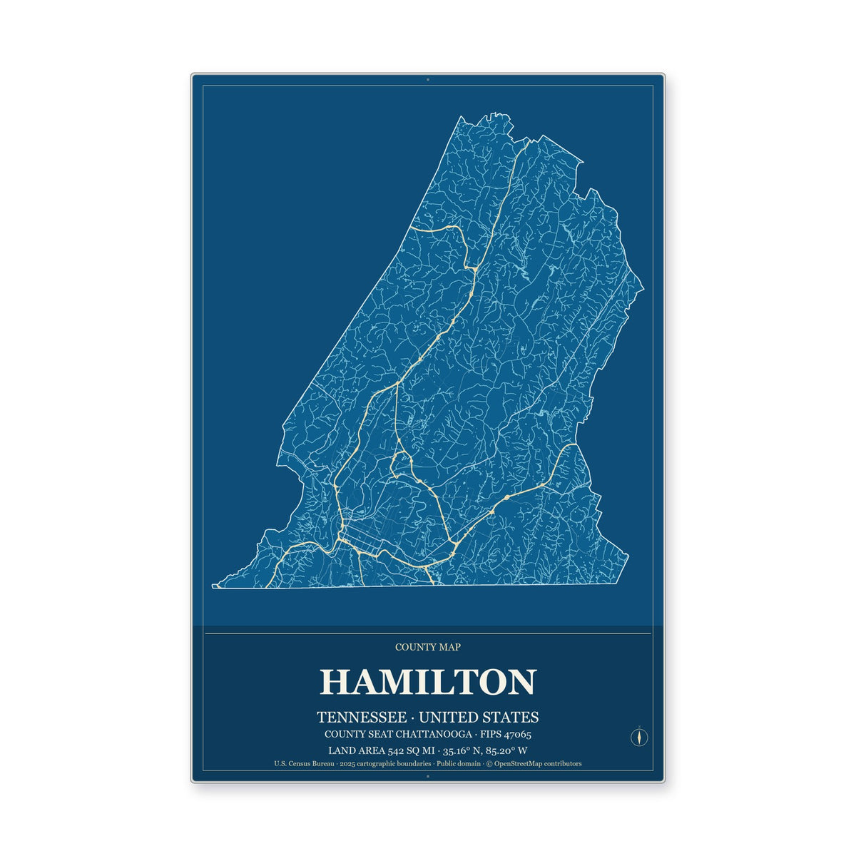 Hamilton County, Tennessee Map Aluminum Sign in Harbor Cobalt style