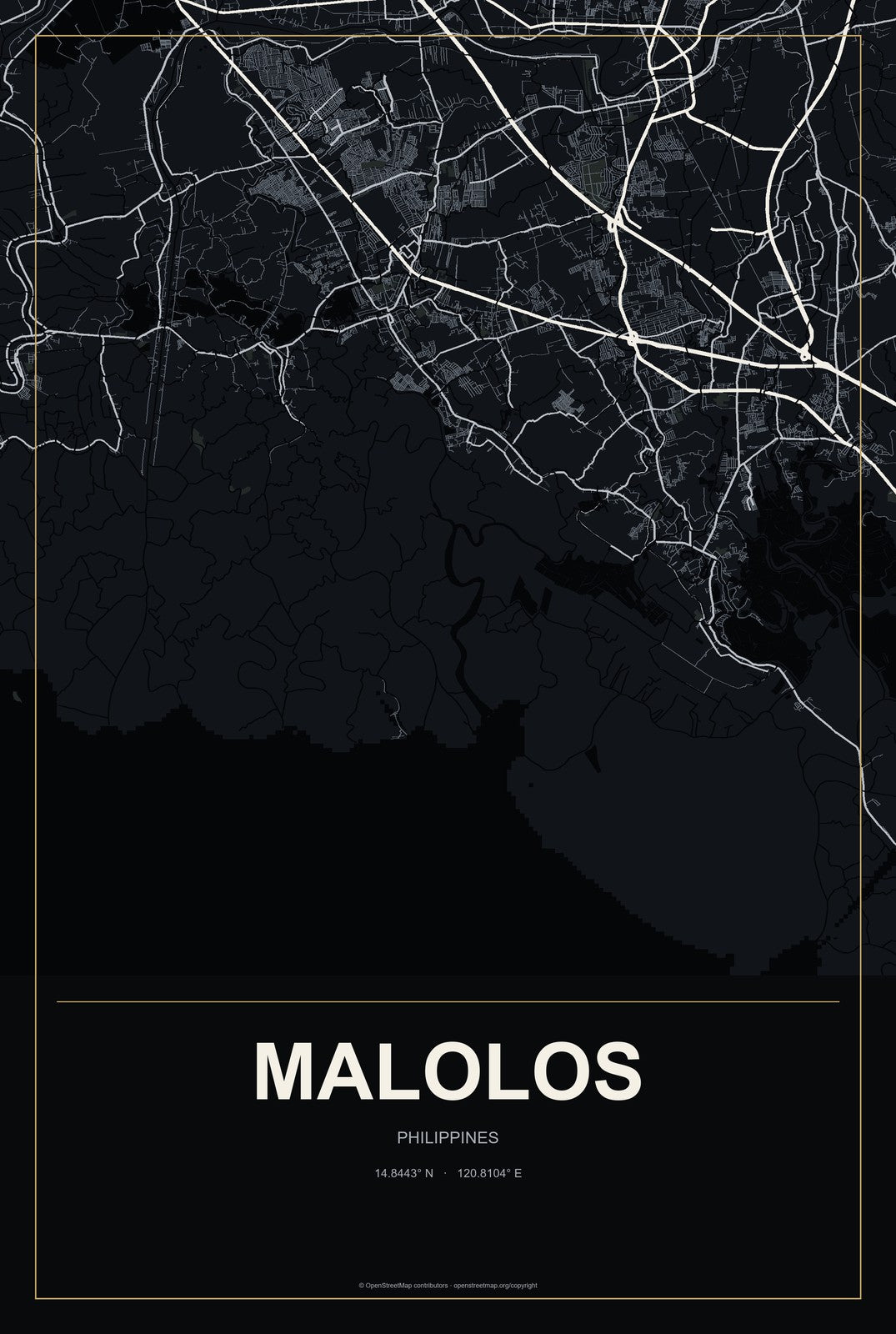 Malolos, Philippines City Map Aluminum Sign in Metropolitan Noir style