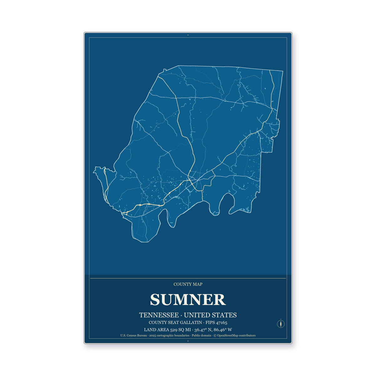 Sumner County, Tennessee Map Aluminum Sign in Harbor Cobalt style