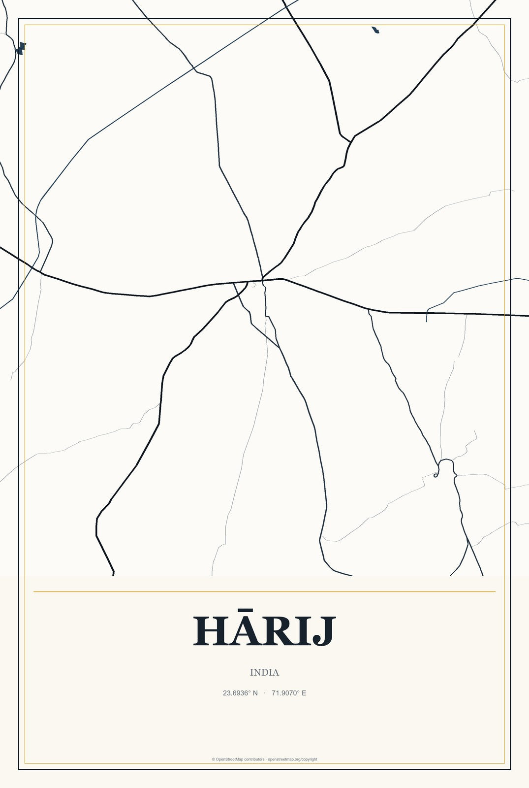 Hārij, India City Map Aluminum Sign in Citrine Modern style