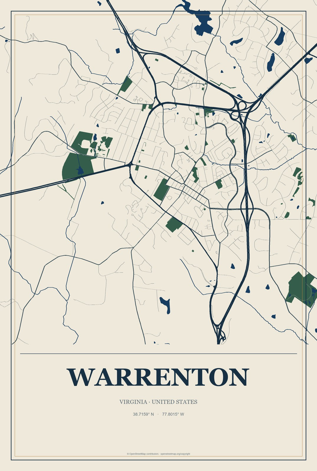Warrenton, Virginia City Map Aluminum Sign in Coastal Cutout style