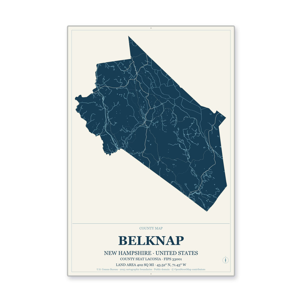 Belknap County, New Hampshire Map Aluminum Sign in Coastal Cutout style