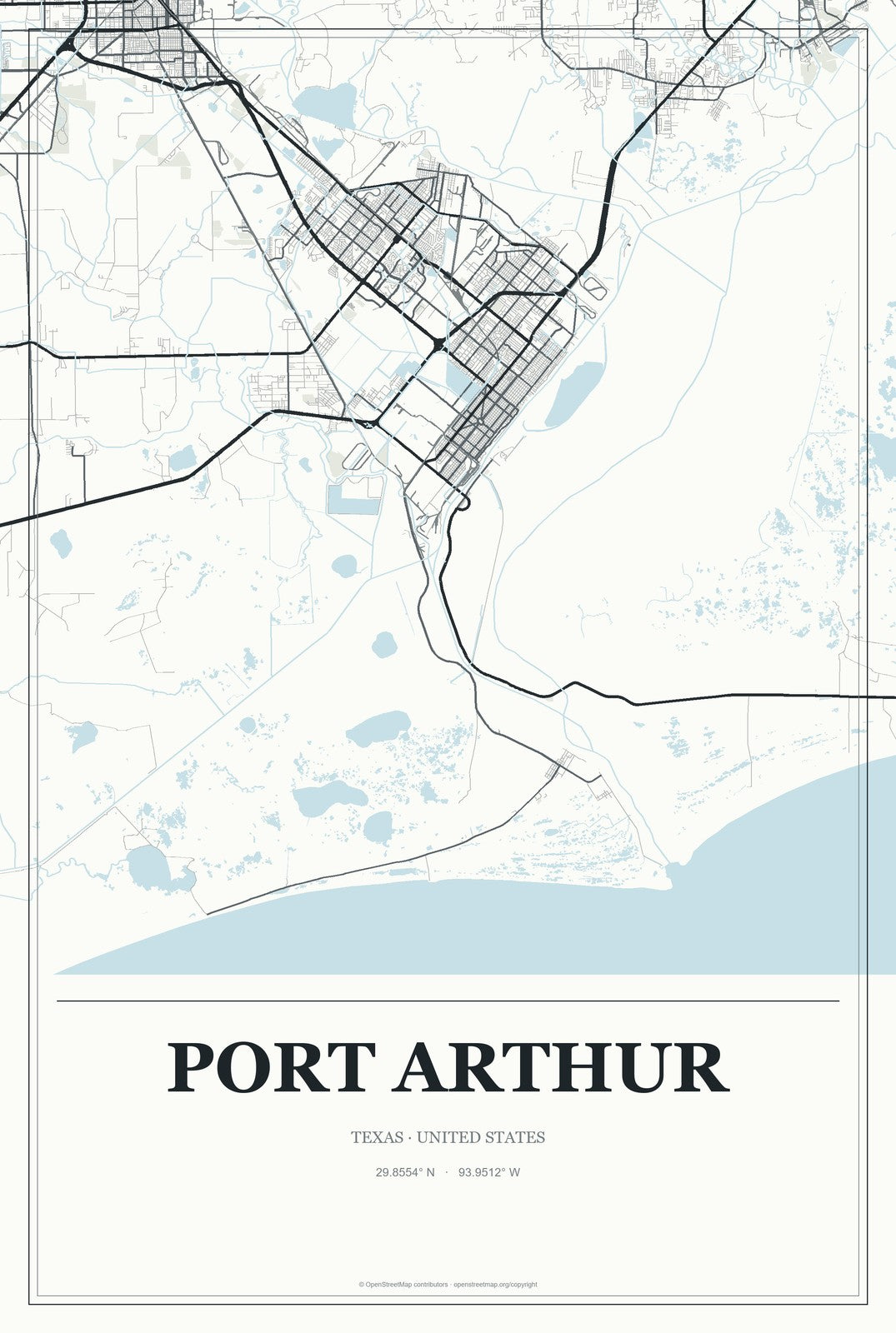 Port Arthur, Texas City Map Aluminum Sign in Gallery Air style