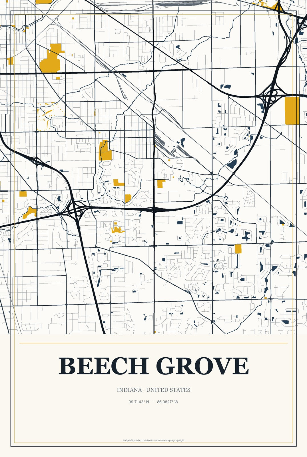 Beech Grove, Indiana City Map Aluminum Sign in Citrine Modern style