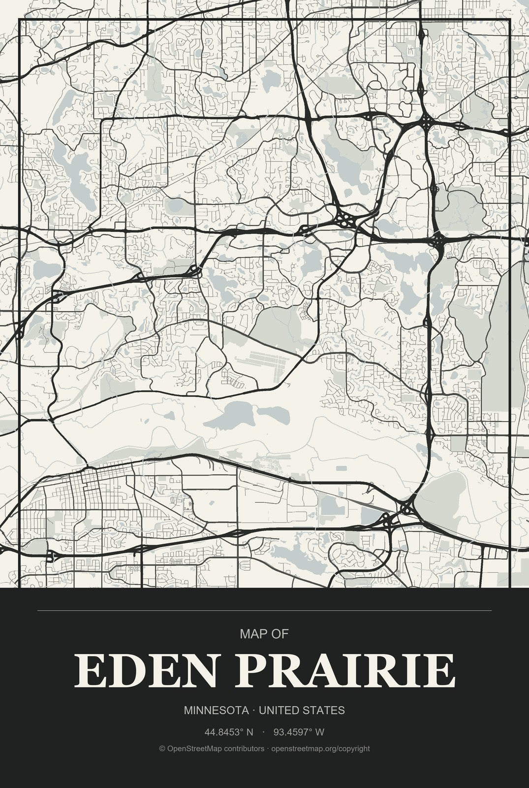 Eden Prairie, Minnesota City Map Aluminum Sign in Museum Plaque style