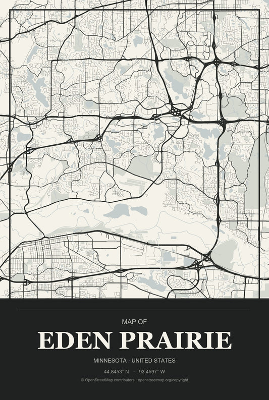 Eden Prairie, Minnesota City Map Aluminum Sign in Museum Plaque style
