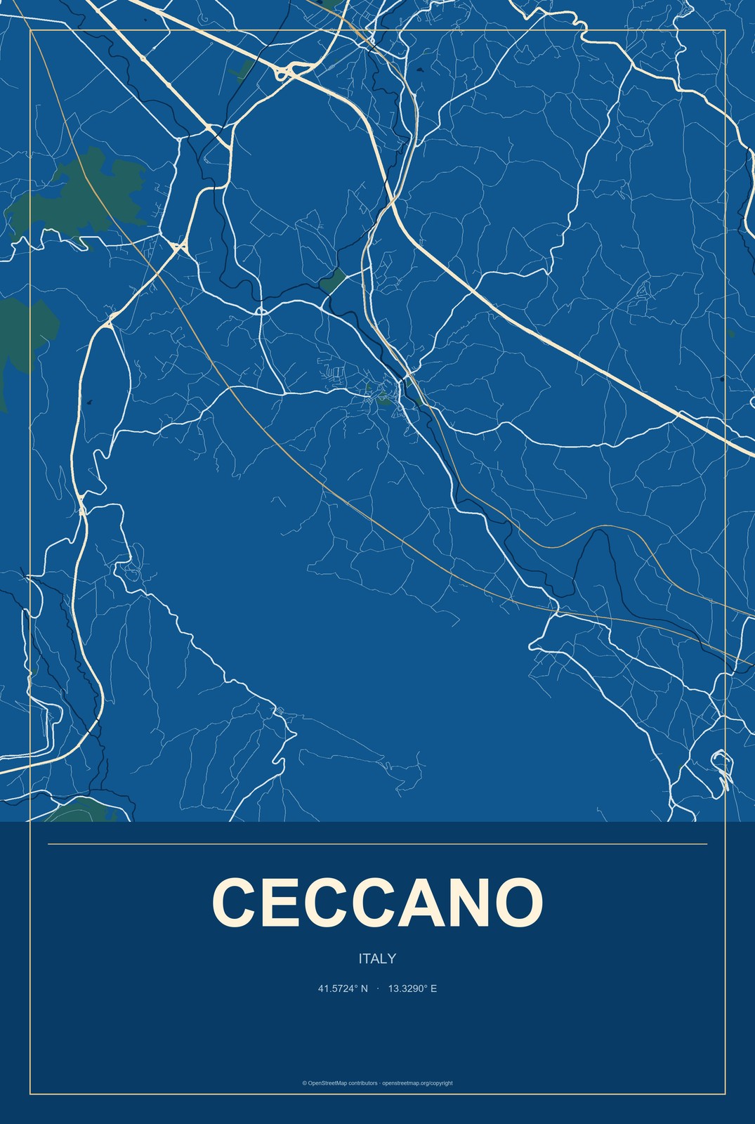 Ceccano, Italy City Map Aluminum Sign in Harbor Cobalt style