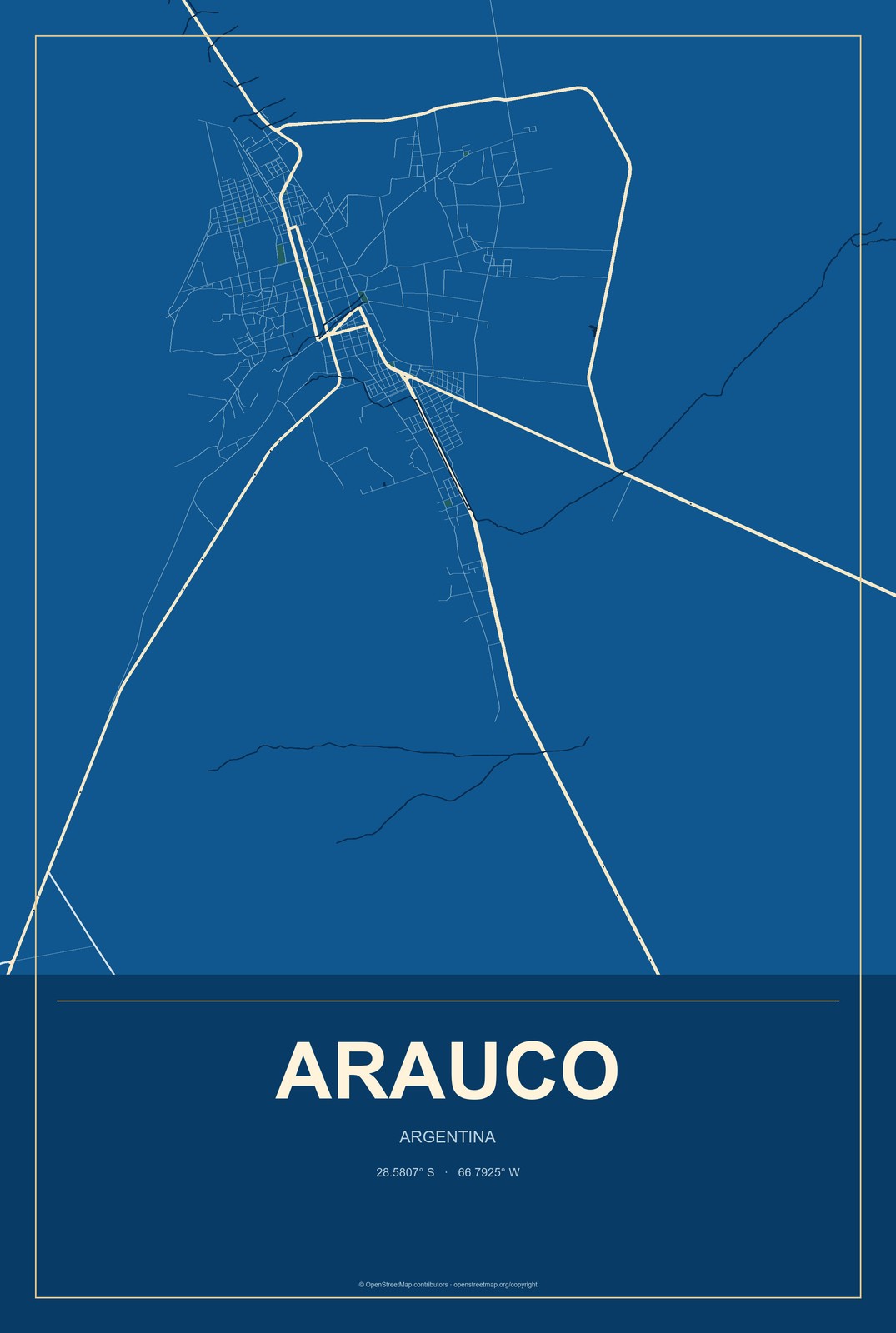 Arauco, Argentina City Map Aluminum Sign in Harbor Cobalt style