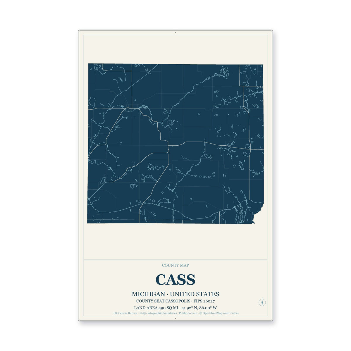Cass County, Michigan Map Aluminum Sign in Coastal Cutout style