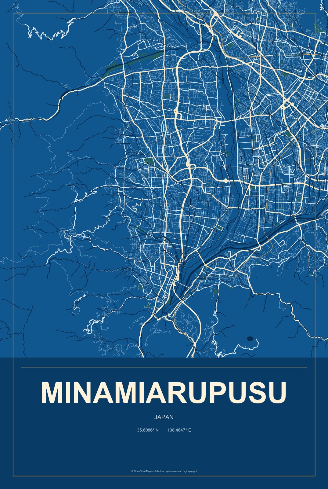 Minamiarupusu, Japan City Map Aluminum Sign in Harbor Cobalt style