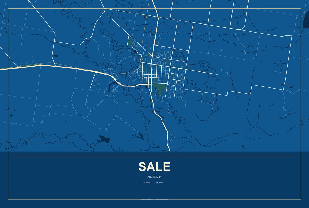 Sale, Australia City Map Aluminum Sign in Harbor Cobalt style