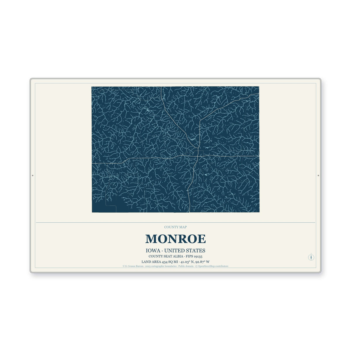 Monroe County, Iowa Map Aluminum Sign in Coastal Cutout style