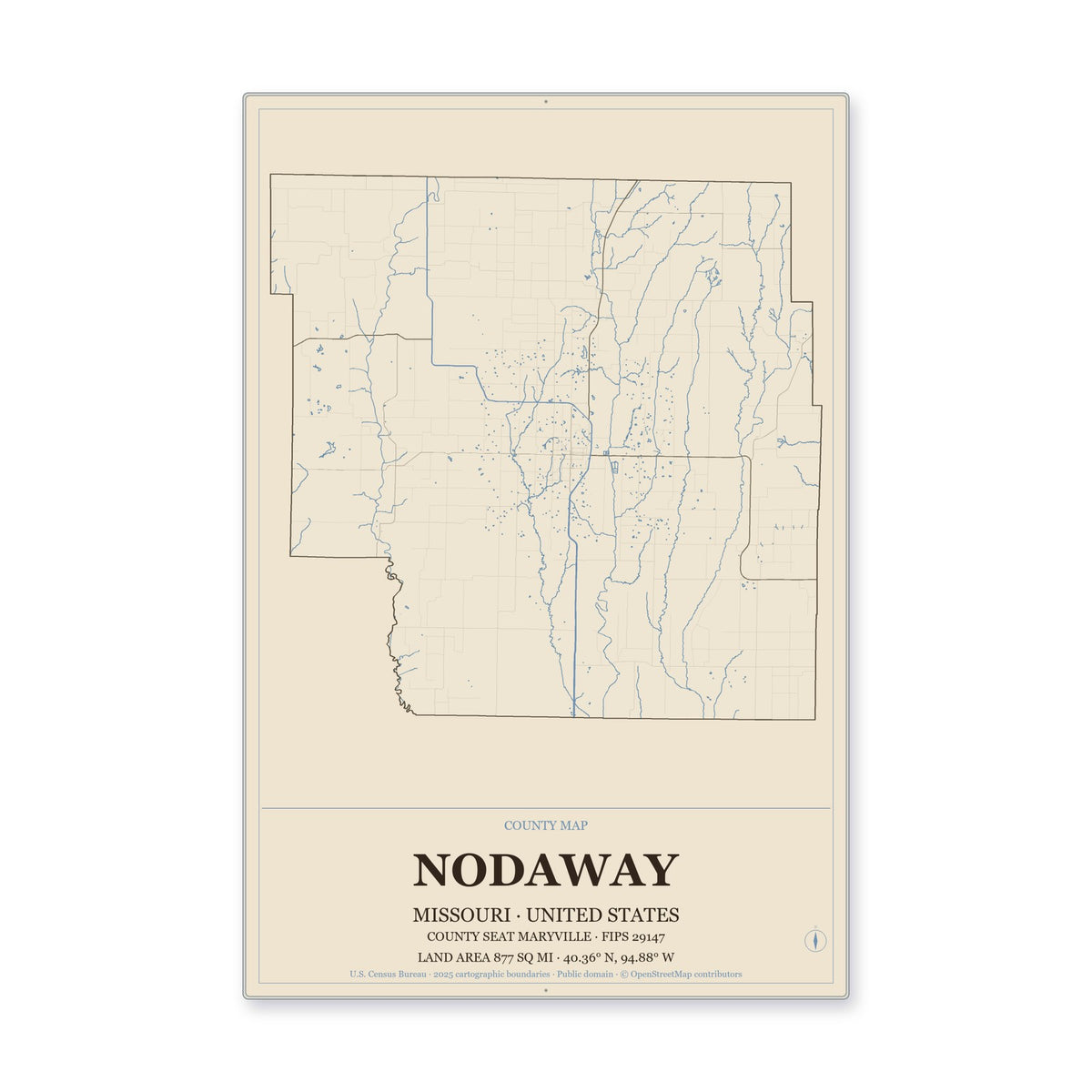 Nodaway County, Missouri Map Aluminum Sign in Heritage Nautical style