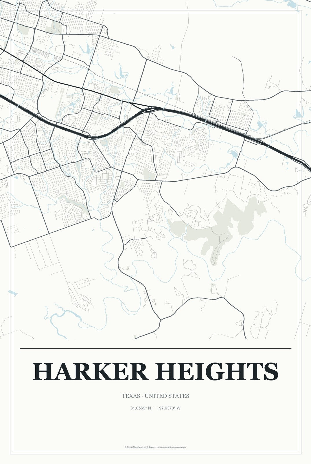 Harker Heights, Texas City Map Aluminum Sign in Gallery Air style