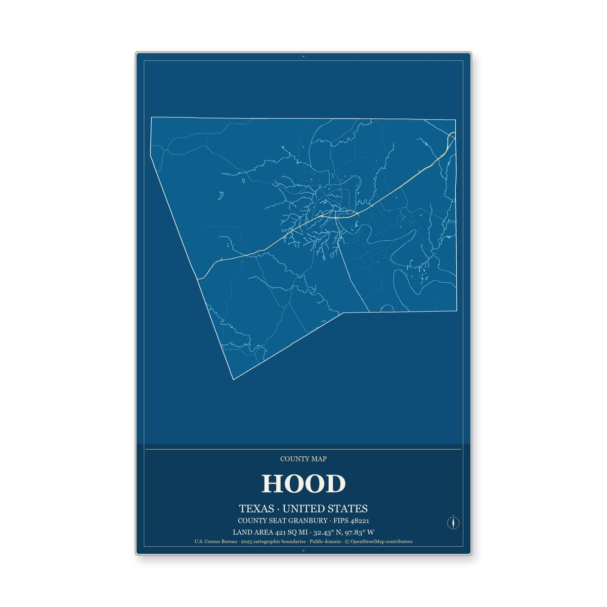 Hood County, Texas Map Aluminum Sign in Harbor Cobalt style