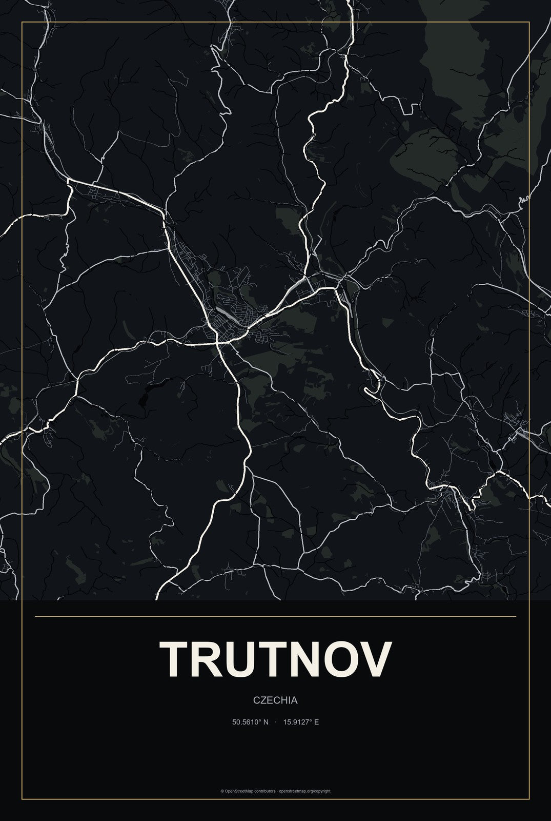 Trutnov, Czechia City Map Aluminum Sign in Metropolitan Noir style