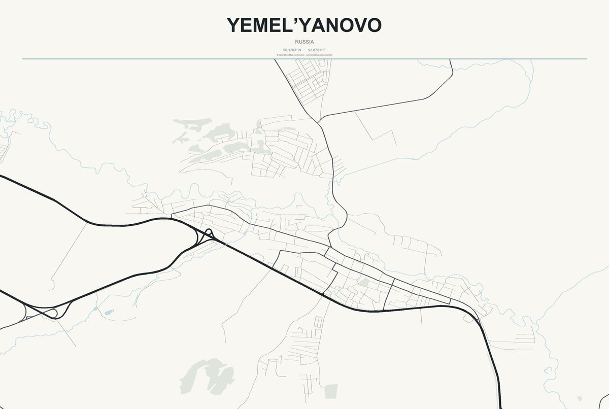 Yemel’yanovo, Russia City Map Aluminum Sign in Headline Atlas style