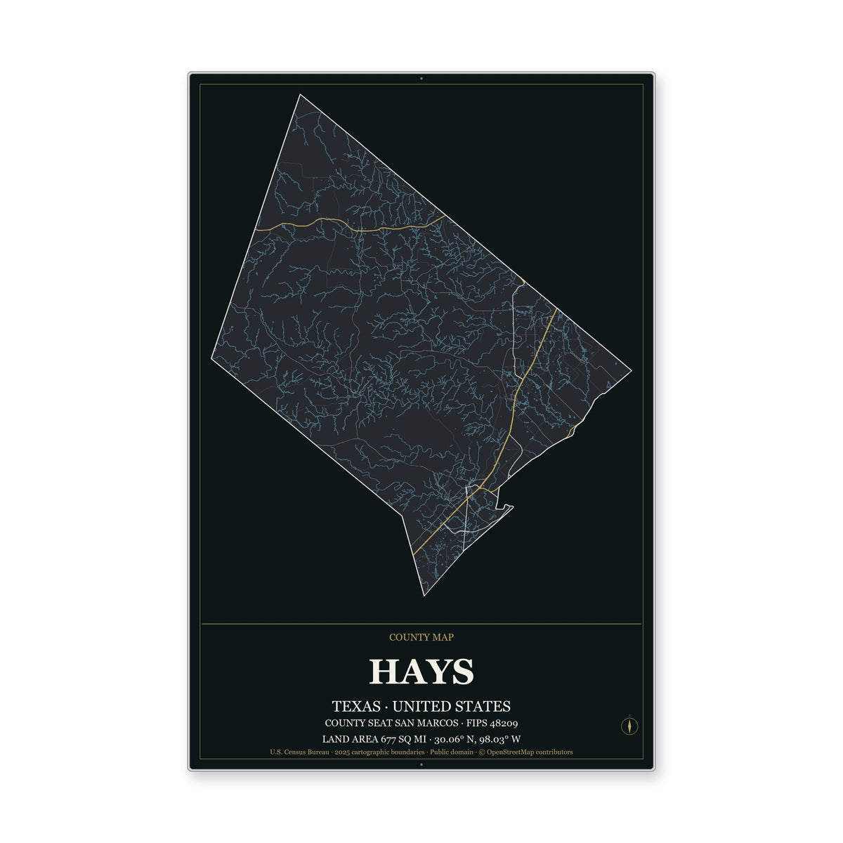Hays County, Texas Map Aluminum Sign in Metropolitan Noir style