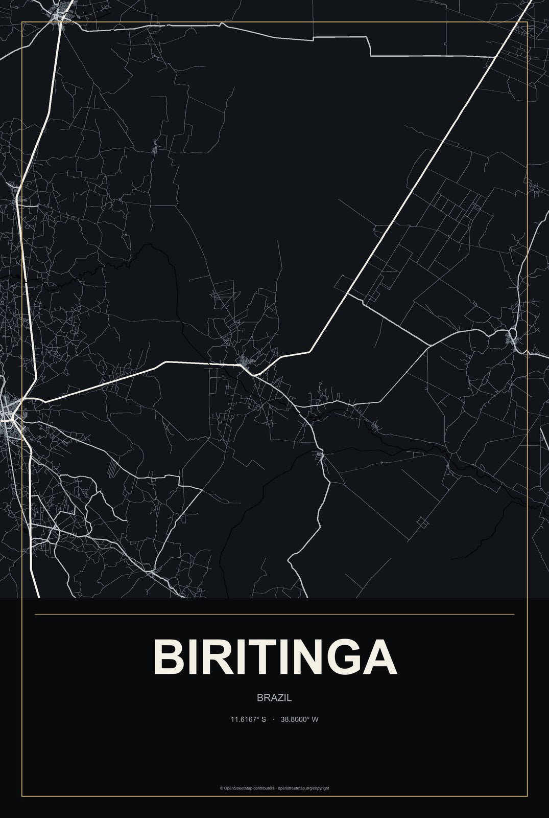 Biritinga, Brazil City Map Aluminum Sign in Metropolitan Noir style