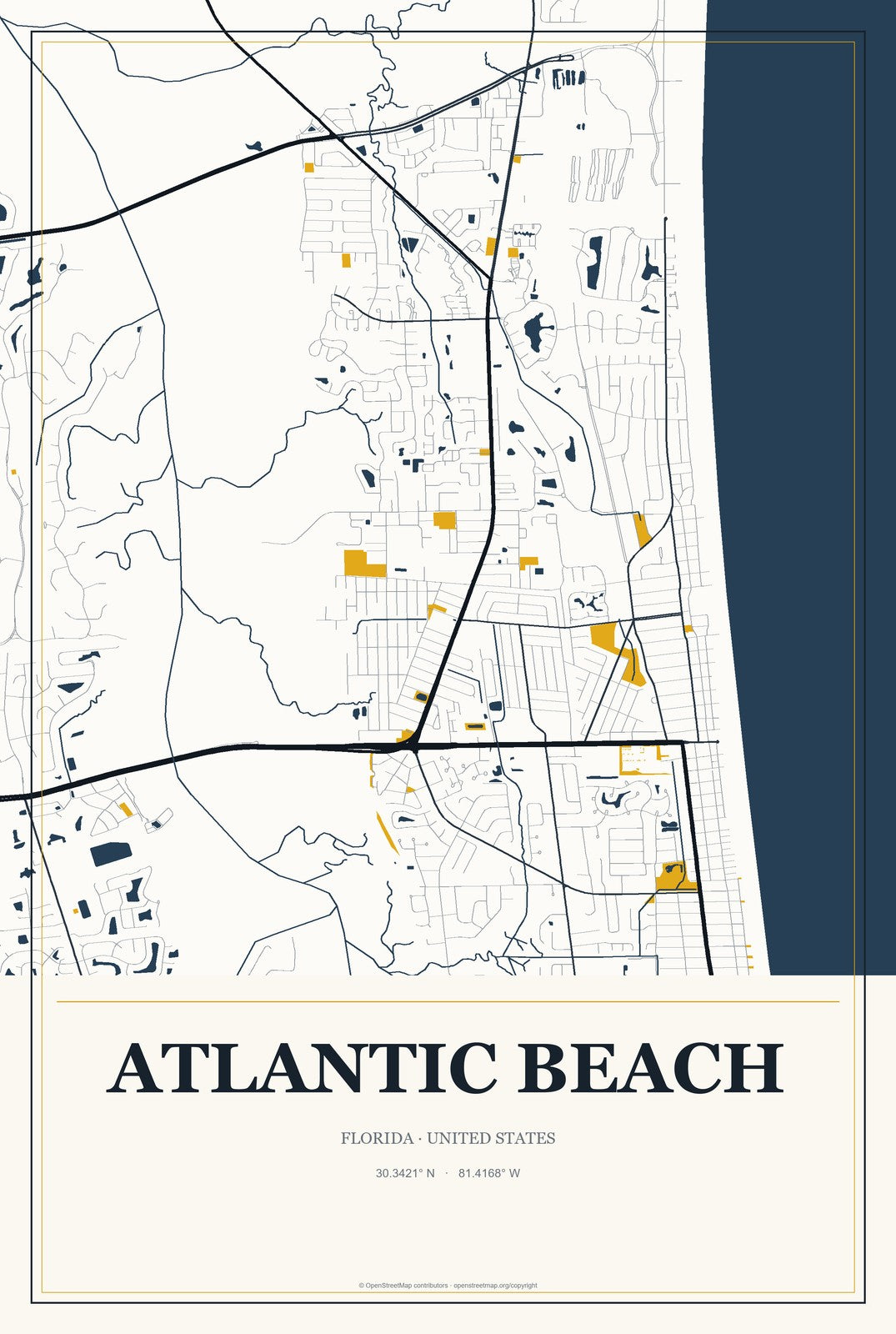 Atlantic Beach, Florida City Map Aluminum Sign in Citrine Modern style