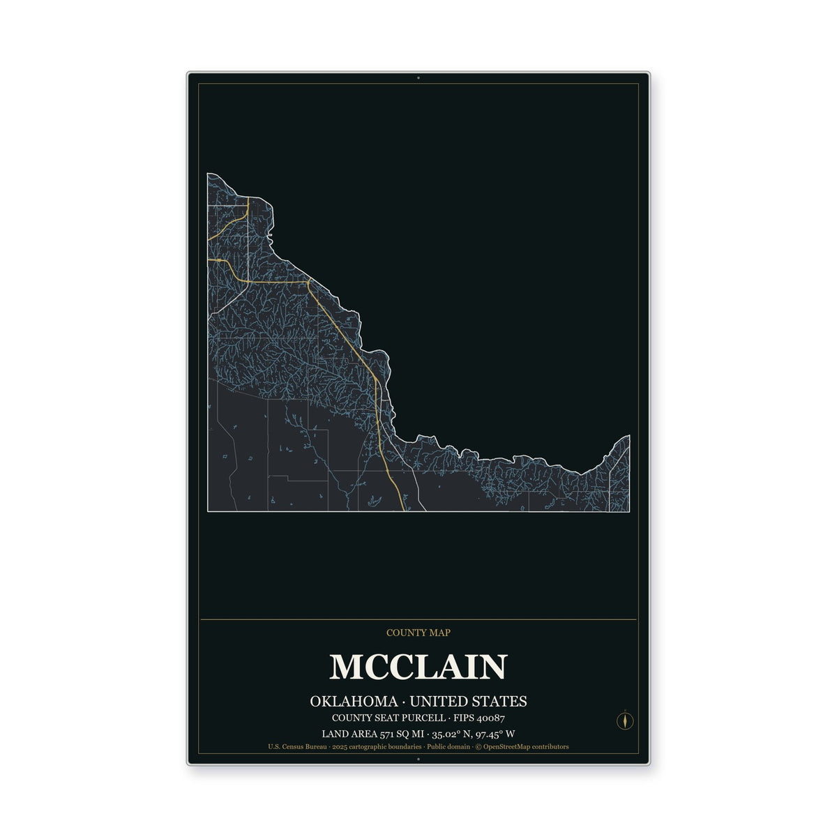 McClain County, Oklahoma Map Aluminum Sign in Metropolitan Noir style