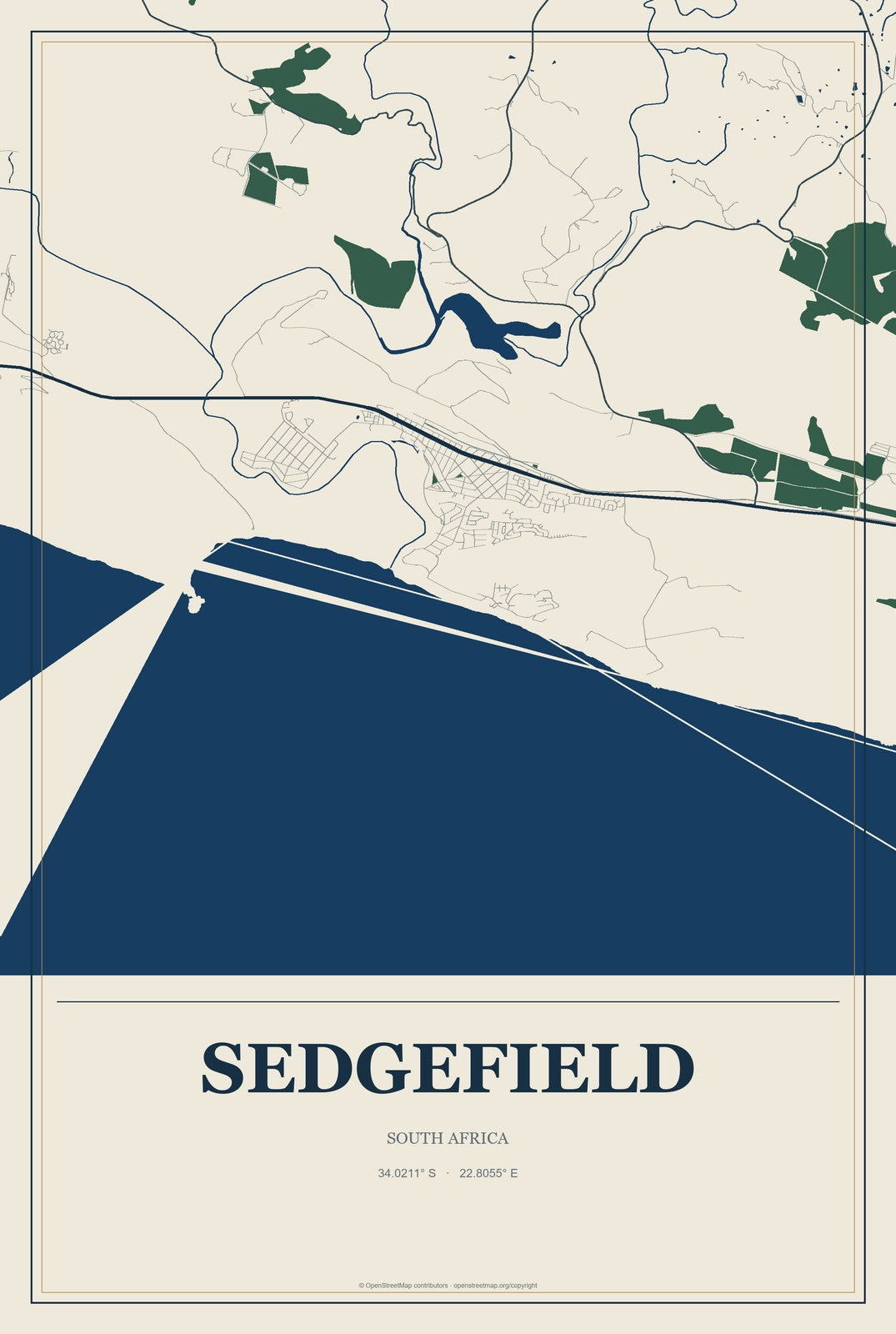 Sedgefield, South Africa City Map Aluminum Sign in Coastal Cutout style