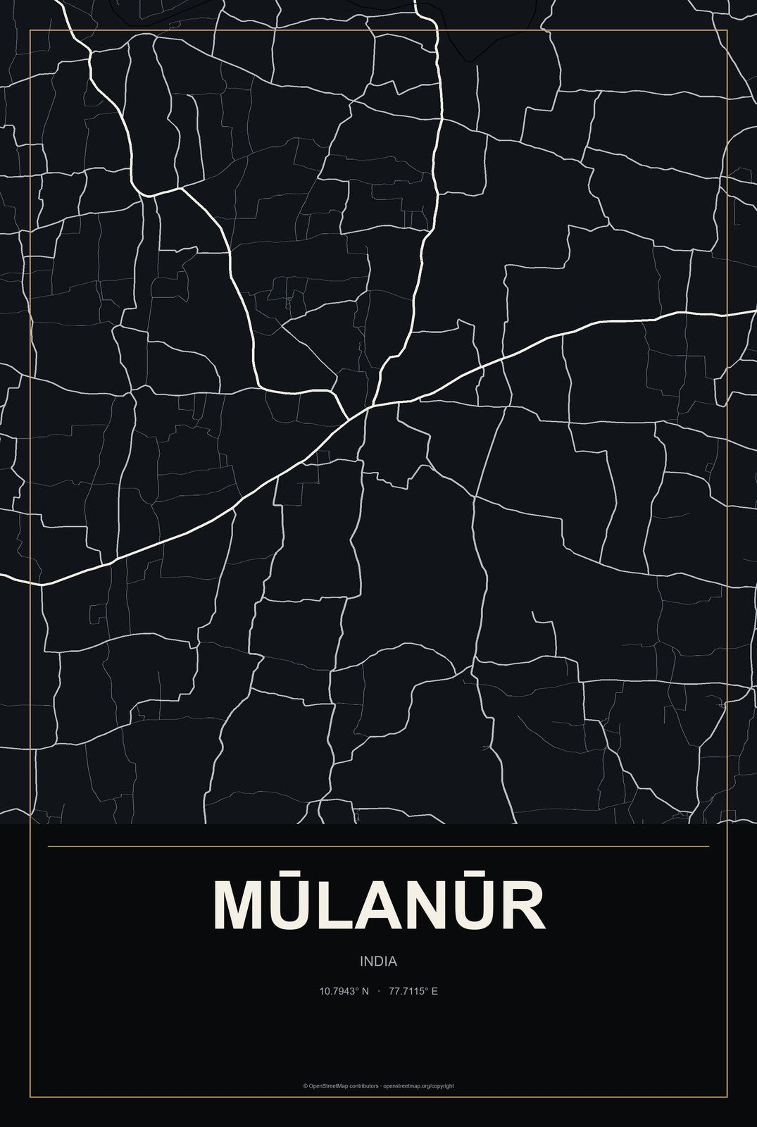 Mūlanūr, India City Map Aluminum Sign in Metropolitan Noir style